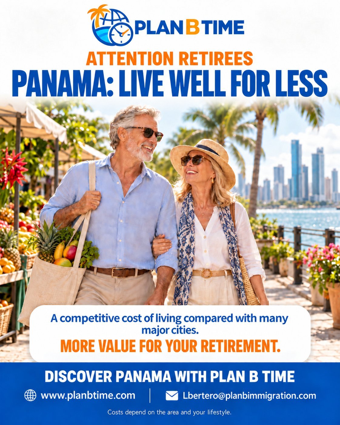 Retired couple shopping for fresh fruit at a Panama market with the city skyline in the background