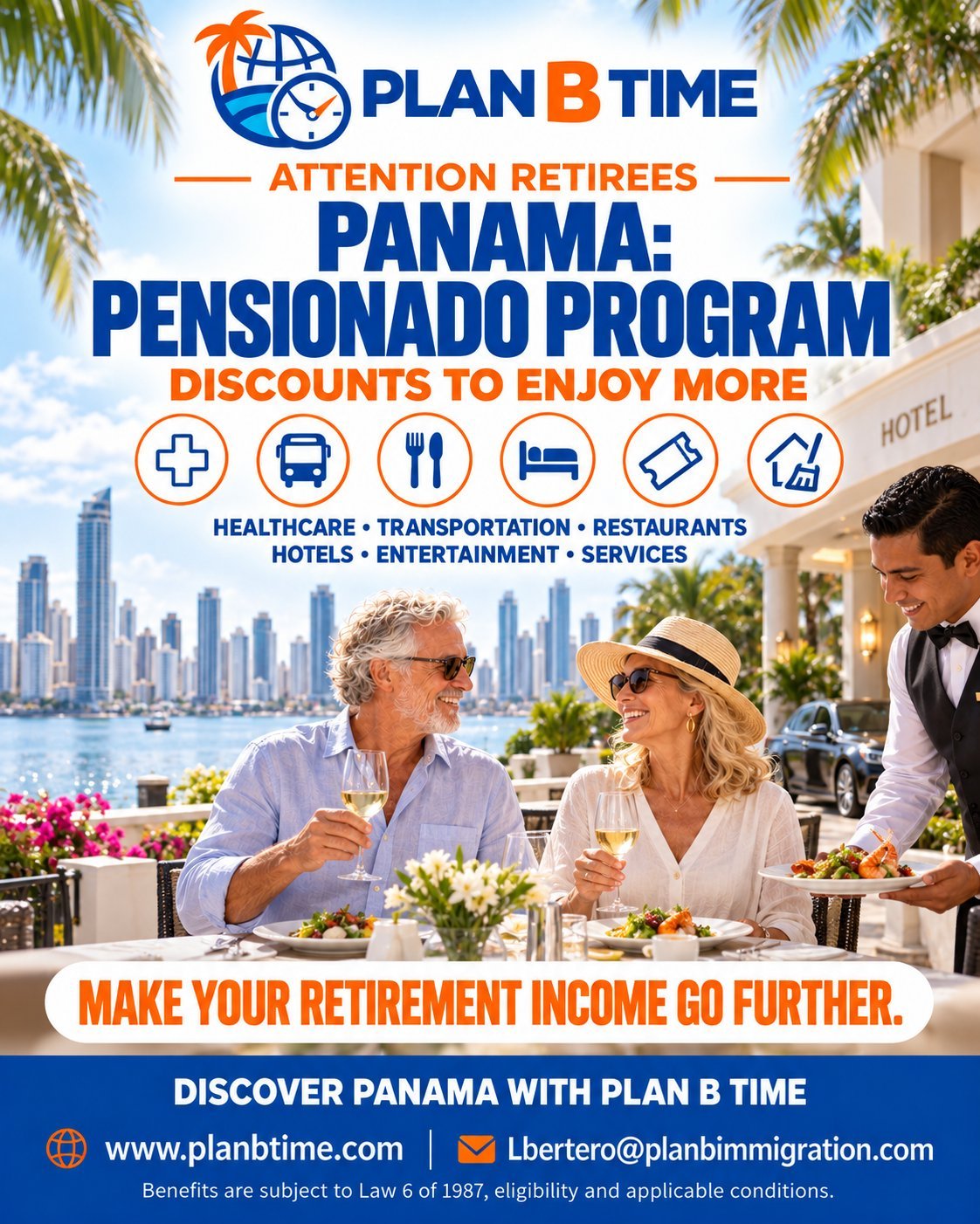 Panama Pensionado Program poster showing retiree discounts on healthcare, transportation, restaurants, hotels and entertainment